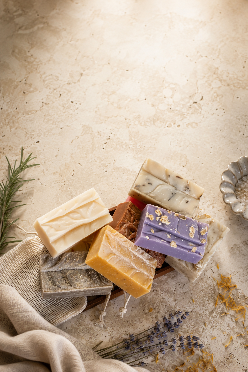 A colorful selection of handmade Blue Moon Elise soaps styled with linen and botanicals