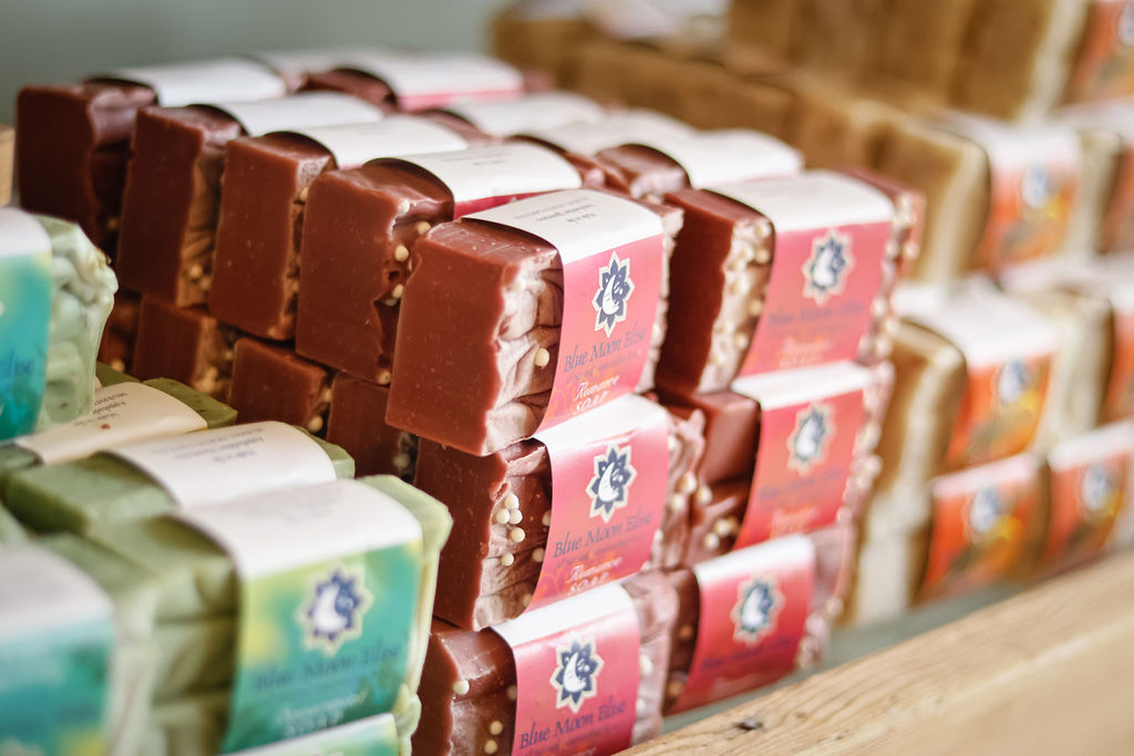 A colorful assortment of wrapped Blue Moon Elise soaps